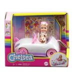 Barbie - chelsea et sa décapotable licorne et arc-en-ciel  avec autocollants et accessoires - véhicule poupée mannequin - des 3 ans