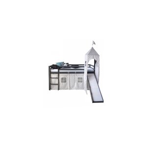 lit mezzanine gris 90x200 avec toboggan tour echelle et rideau etoiles