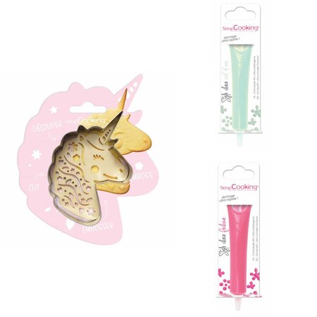 Kit pour biscuit en relief Licorne + 2 Stylos au chocolat vert d'eau et fuchsia