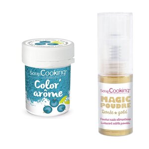 Colorant alimentaire bleu arôme myrtille + Poudre alimentaire irisée dorée