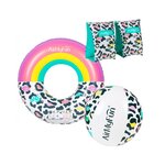 Brassards de natation 3-6 ans + bouée gonflable ø120cm + ballon gonflable ø28cm - pack jeunesse leopard