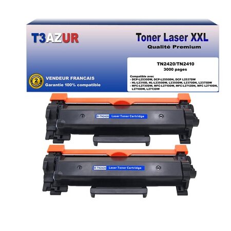 2 toners compatibles avec brother tn2420 pour brother dcp-l2510d  l2512d  l2550dn  l2530dw  l2537dw - 3 000 pages - t3azur