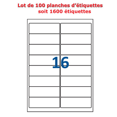 Lot de 100 planches étiquettes autocollantes sur feuille a4 : 99 x 33,9 mm (16 étiquettes par feuille, spéciales bons de transport)
