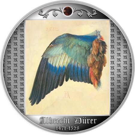 WING OF A EUROPEAN ROLLER Albrecht Dürer argent monnaie 500 Francs Cameroon 2021