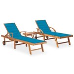 vidaXL Chaises longues 2 Pièces avec table et coussin Bois de teck solide