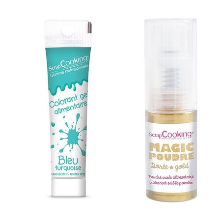 Gel colorant alimentaire bleu turquoise + Poudre alimentaire irisée dorée