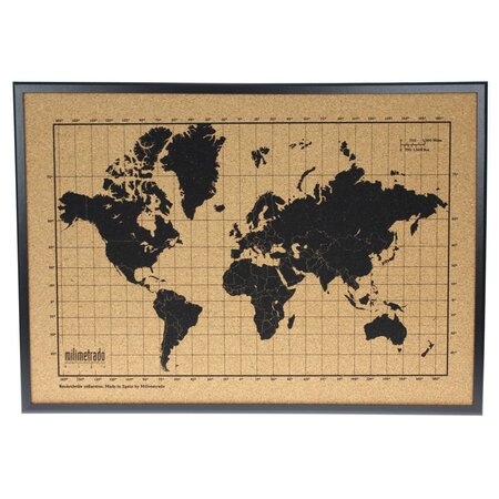 milimetrado Carte du monde liège et cadre bois Noir et marron 70x50 cm