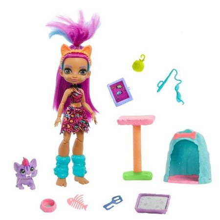 Cave club coffret histoire des cavernes poupée roaralai 20 cm avec son bébé tigre a dents de sabre ferrell
