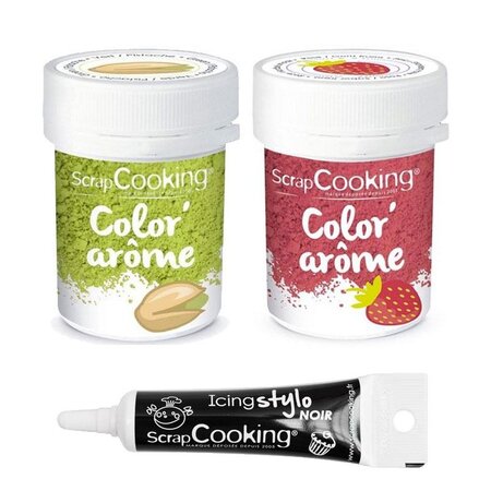 2 colorants alimentaires fraise & pistache + Stylo glaçage noir