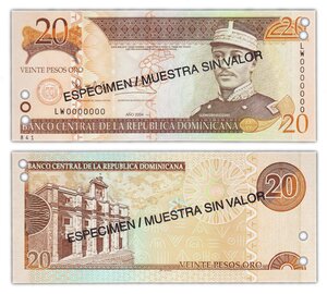 Billet de collection 20 pesos 2004 république dominicaine - neuf - p169s4 - specimen