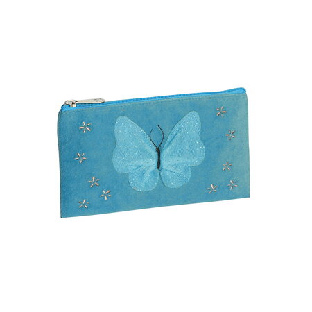 Trousse fourre tout plat 21 x 13 cm - velours papillon bleu