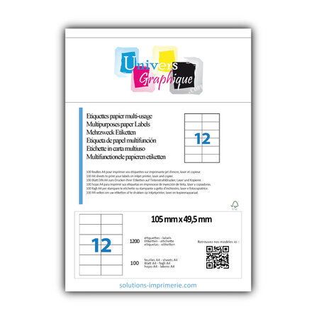 Lot de 100 planches a4 de 12 étiquettes à bords vifs 105 x 49,5 mm en papier blanc 70g/m² multifonction