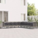 vidaXL Salon de jardin 9 Pièces avec coussins Gris Résine tressée