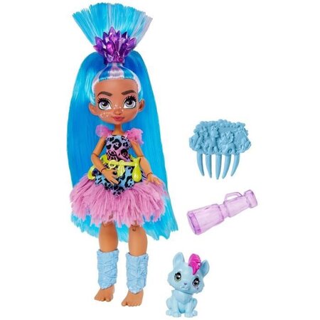 Cave club poupée tella 20 cm avec accessoires et son animal de compagnie préhistorique hunch
