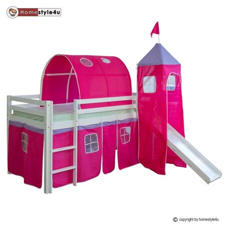Lit Simple Blanc 90x200 en hauteur avec echelle Rideau Tour Tunnel Rouge et toboggan