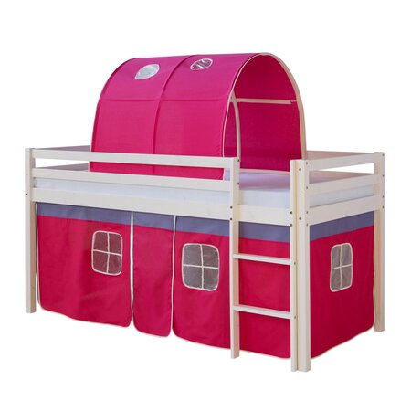 Lit Simple Blanc 90x200 en hauteur avec echelle rideau et tunnel rouge