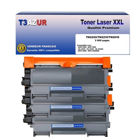 3 toners  compatibles avec  brother tn2220  tn2010 pour brother fax 2840  fax 2845  fax 2940 - 2600 pages - t3azur