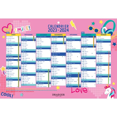 Calendrier scolaire 2023-2024 - 19x13  cm - Août 2023 à Décembre 2024 - Licorne - Draeger