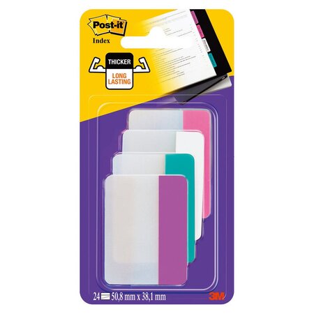 Marque-pages rigides 50,8 x 38 mm - 4 couleurs assorties (Rose, Blanc, Bleu, Violet) - 4 x 6 index (paquet 24 unités)