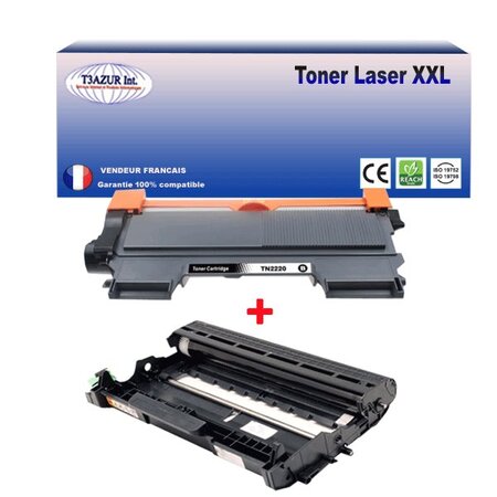Kit tambour+toner  compatible avec brother tn2220  tn2010  dr2200 pour brother hl2130  hl2132  hl2135  hl2135w  hl2240  hl2240d  hl2250dn - t3azur
