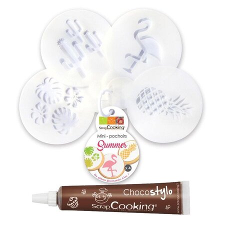 4 mini pochoirs à gâteaux Summer Ø 6 cm + Stylo chocolat