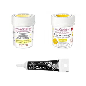 2 colorants alimentaires jaune pastel-jaune + Stylo glaçage noir