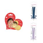 Kit pour biscuit en relief Coeur + 2 Stylos au chocolat bleu nuit et lilas