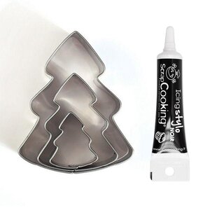 3 mini emporte-pièces inox Sapins + Stylo de glaçage noir