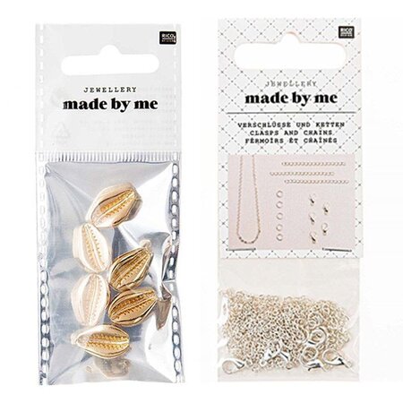 6 perles coquillages dorées + fermoirs épais et chaînes argentés