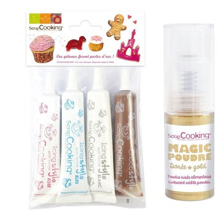4 stylos de glaçage blanc, rose, bleu, chocolat + poudre alimentaire irisée dorée