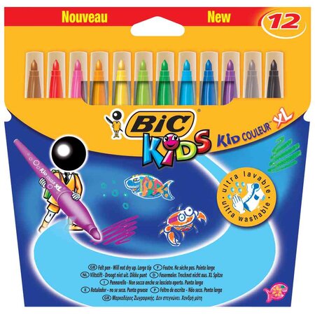 Etui carton de 12 feutres KIDS COULEUR XL Pte large conique bloquée 12 Couleurs BIC