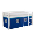 Lit Simple Blanc 90x200 en hauteur avec echelle et rideau bleu