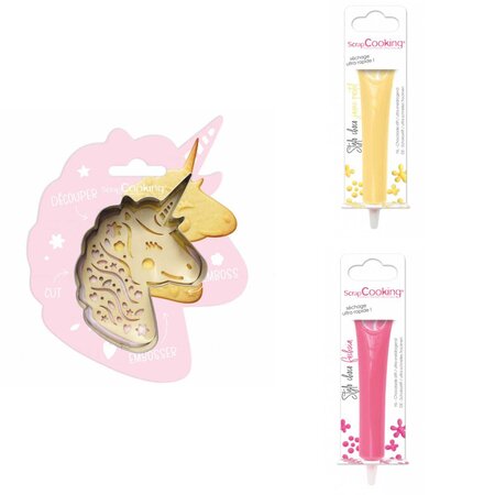 Kit pour biscuit en relief Licorne + 2 Stylos au chocolat jaune pastel et fuchsia