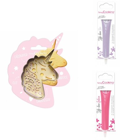 Kit pour biscuit en relief Licorne + 2 Stylos au chocolat lilas et fuchsia