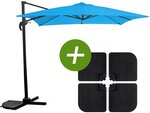 Parasol jardin déporté "Soleil" - Carré - 2.5 x 2.5 m - Bleu + Dalles à lester incluses