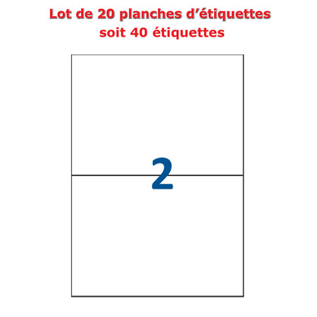 Lot de 20 planches étiquettes autocollantes blanches sur feuille a4 : 210 x 148 5 mm (2 étiquettes)