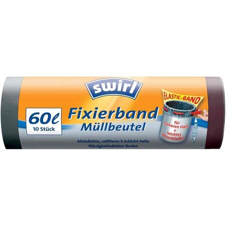 Rouleaux 10 Sacs poubelle 60 Litres avec bande de fixation élastqiue Noir SWIRL