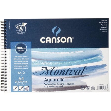 CANSON Album spiralé 12 feuilles papier aquarelle MONTVAL, A4, 300G, grain fin blanc naturel