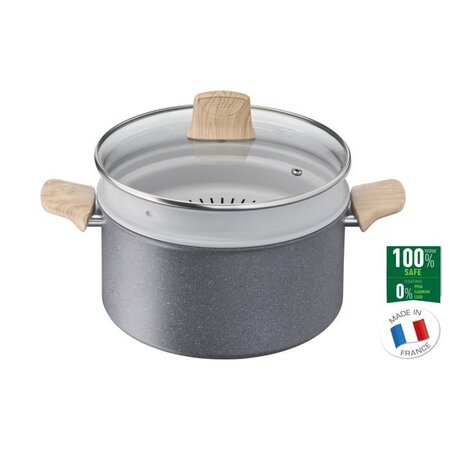 TEFAL G2669002 NATURAL FORCE Faitout 24 cm + panier vapeur + couvercle, revetement antiadhésif Mineralia+, tous feux dont induction