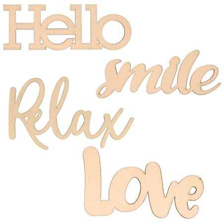 4 mots en bois Relax/Smile/Love/Hello