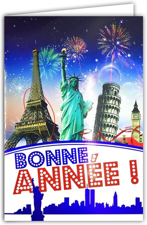 Lot 10 cartes avec enveloppe - bonne année monuments feu d'artifice paillettes