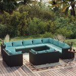 vidaXL Salon de jardin 12 Pièces avec coussins Noir Résine tressée