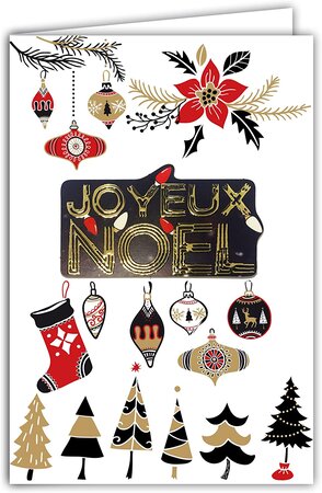 Carte joyeux noël boules collage texte en relief 3d en or doré avec enveloppe