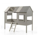 CHARLOTTE Lit cabane pin massif gris et beige  90x200cm