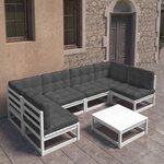 vidaXL Salon de jardin 7 Pièces avec coussins Blanc Bois de pin massif