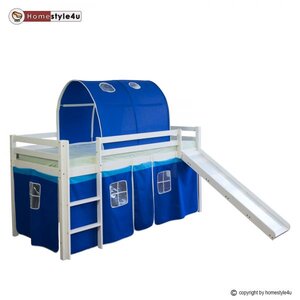 Lit Simple Blanc 90x200 en hauteur avec echelle Rideau et Tunnel Bleu et toboggan