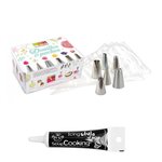 Coffret 6 douilles pâtissières inox & poches jetables + Stylo glaçage noir