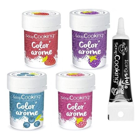 4 colorants alimentaires fruits rouges + Stylo glaçage noir