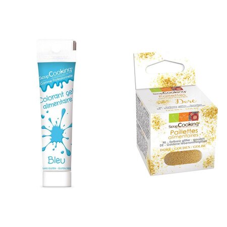 Gel colorant alimentaire bleu + paillettes dorées