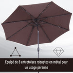 Parasol lumineux octogonal inclinable Ø 2 75 x 2 33 m parasol LED solaire métal polyester haute densité 180 g/m² chocolat